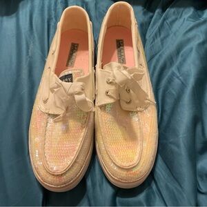 Sperry Top Sider Women's Sequin Boat Shoes Size 10 PInk White Party Boat Bling